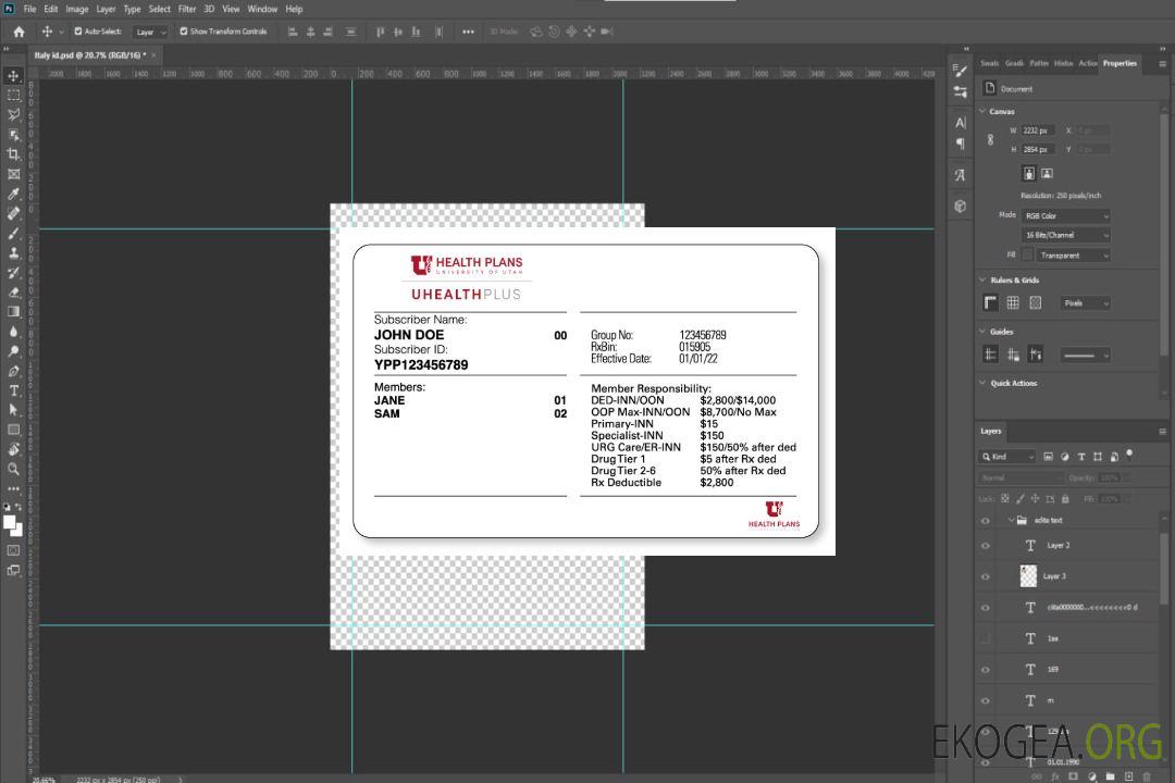 Carte d'assurance maladie de l'Utah template